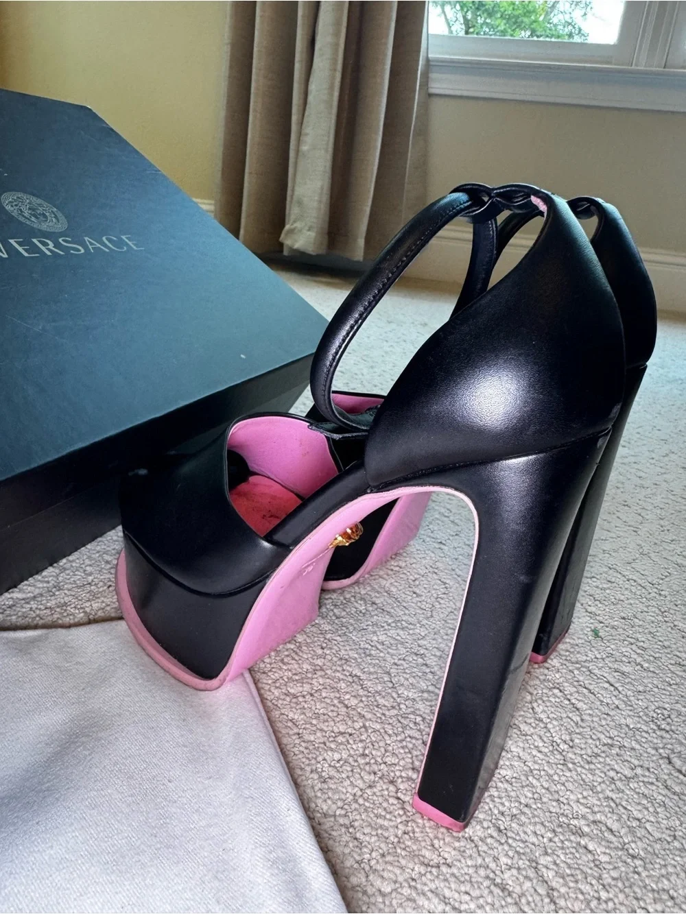 Versace Black Leather Platform Sandals with Medusa Charm & Pink Insoles Size 6